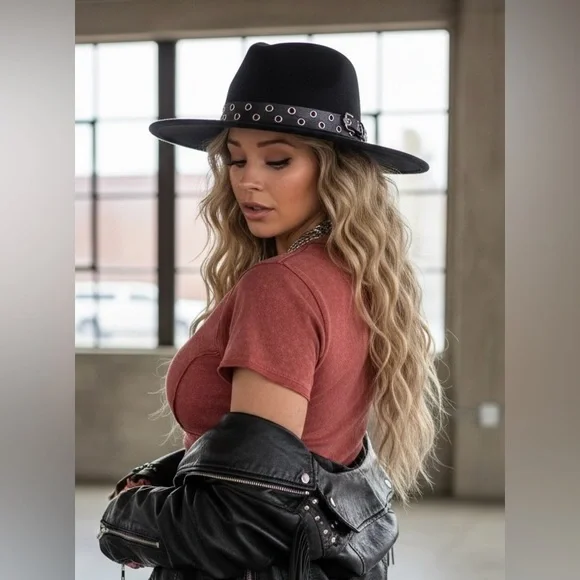 NWT Boho Gypsy Vibes Black Wide Flat Brimmed Fedora Ranchers Hat With Black Belt - Picture 3 of 6